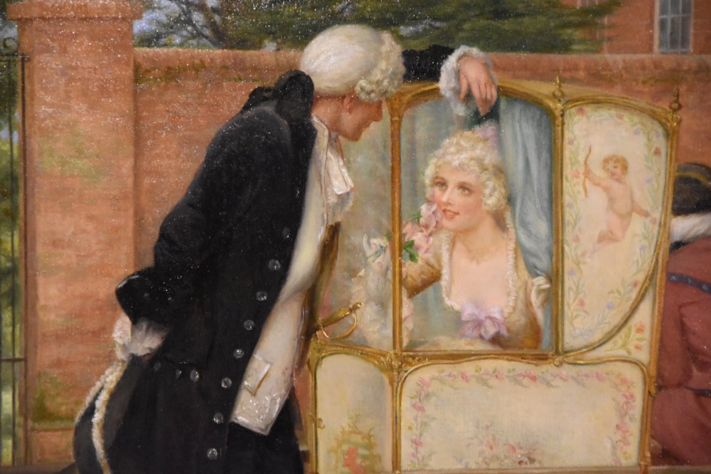 An antique Victorian framed oil painting depicting an 18th-century lady inside an ornate sedan chair interacting with a gentleman, framed in a heavy gold leaf plaster moulding. View III