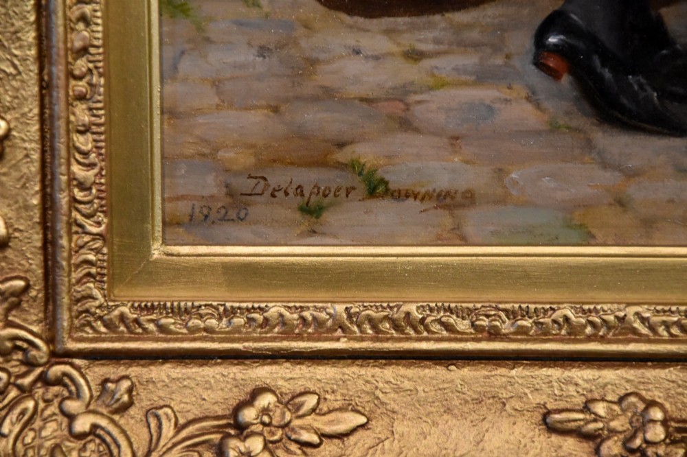 An antique Victorian framed oil painting depicting an 18th-century lady inside an ornate sedan chair interacting with a gentleman, framed in a heavy gold leaf plaster moulding. View IV