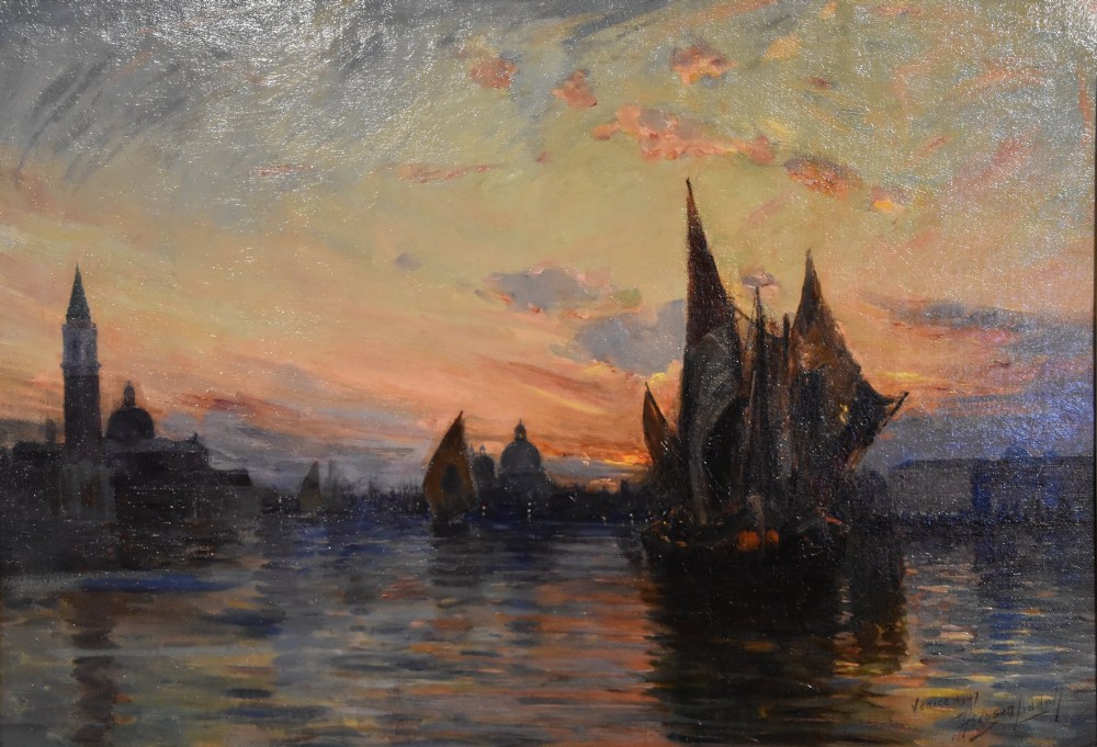 An antique oil painting depicting Venetian sailing boats at sunset framed within an elaborate carved gilt frame. View II