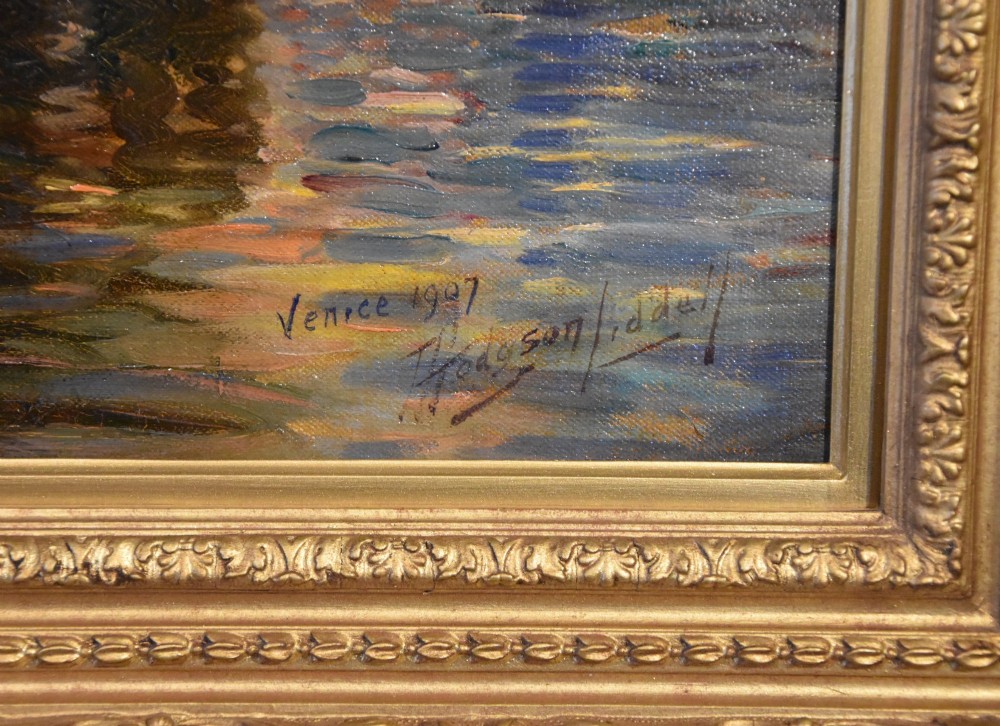 An antique oil painting depicting Venetian sailing boats at sunset framed within an elaborate carved gilt frame. View IV