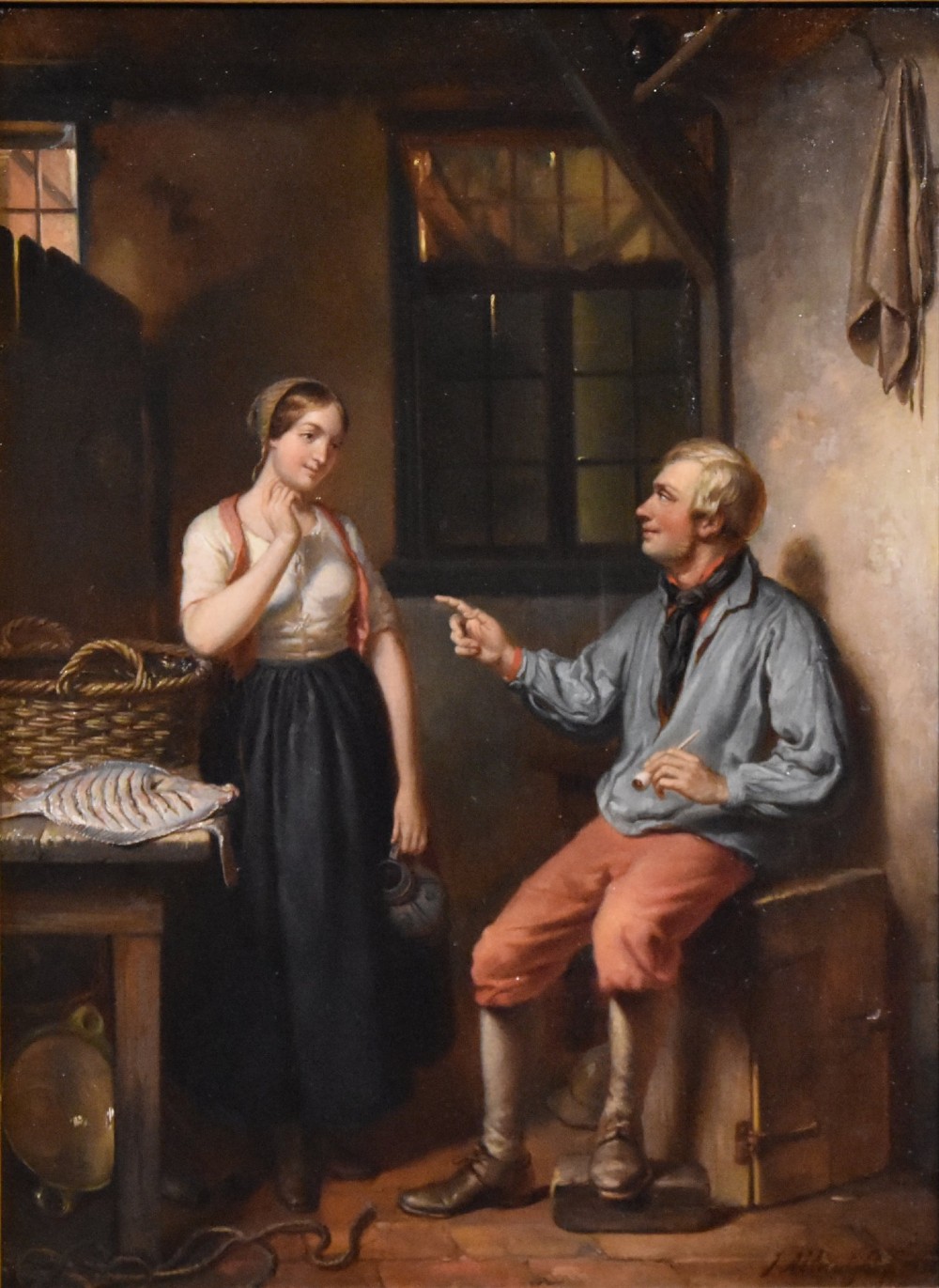 A framed oil painting depicting a woman standing beside a table and a seated man conversing inside a rustic Dutch cottage interior. View II