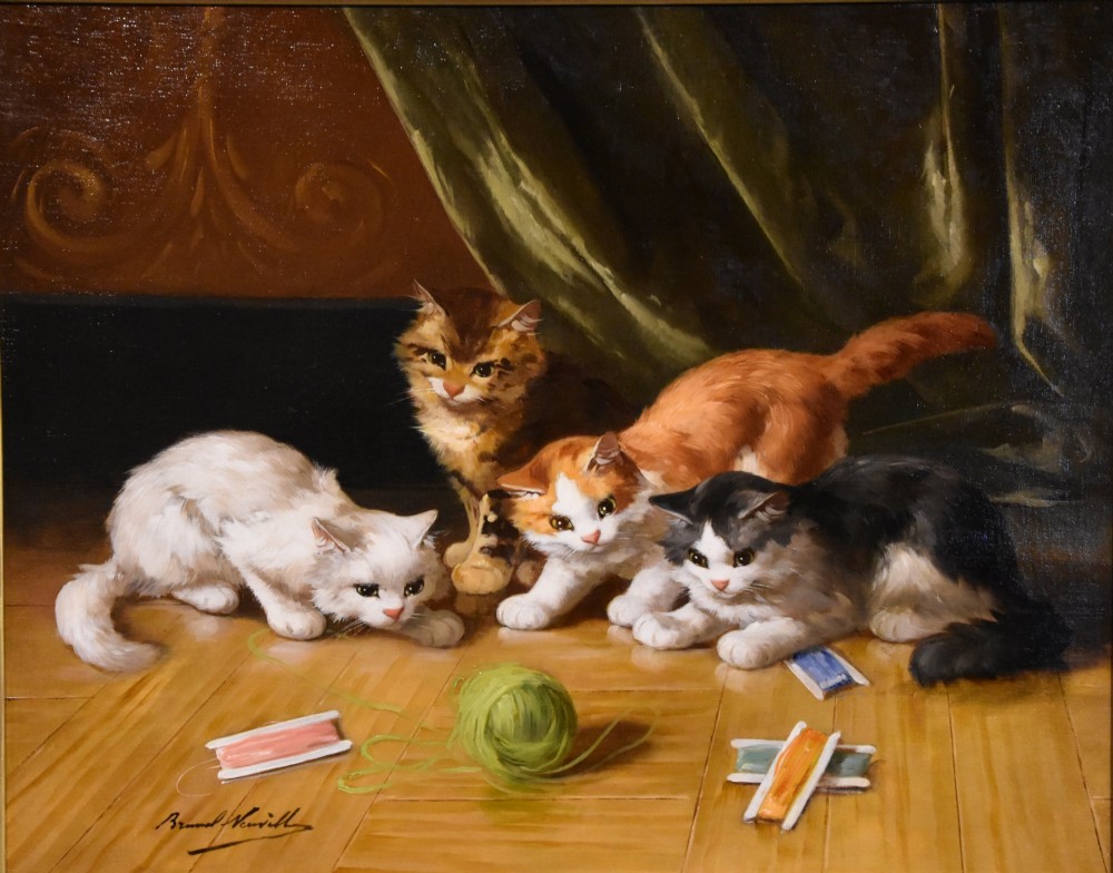 An antique oil painting depicting four kittens playing with yarn on a wooden floor, enclosed in a gilded frame. View II