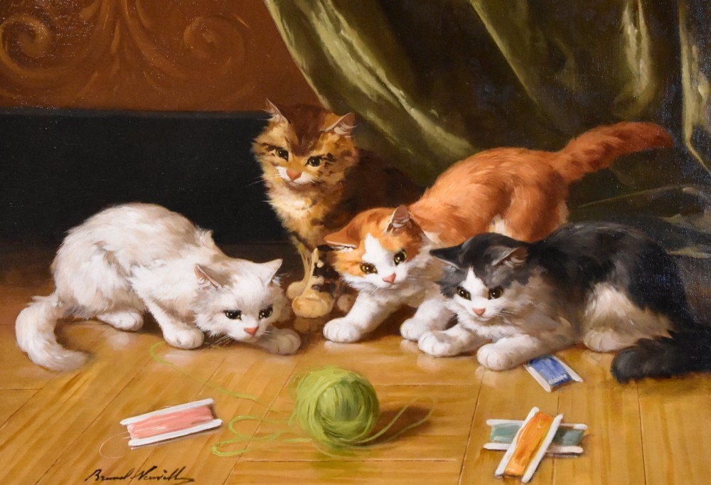 An antique oil painting depicting four kittens playing with yarn on a wooden floor, enclosed in a gilded frame. View III