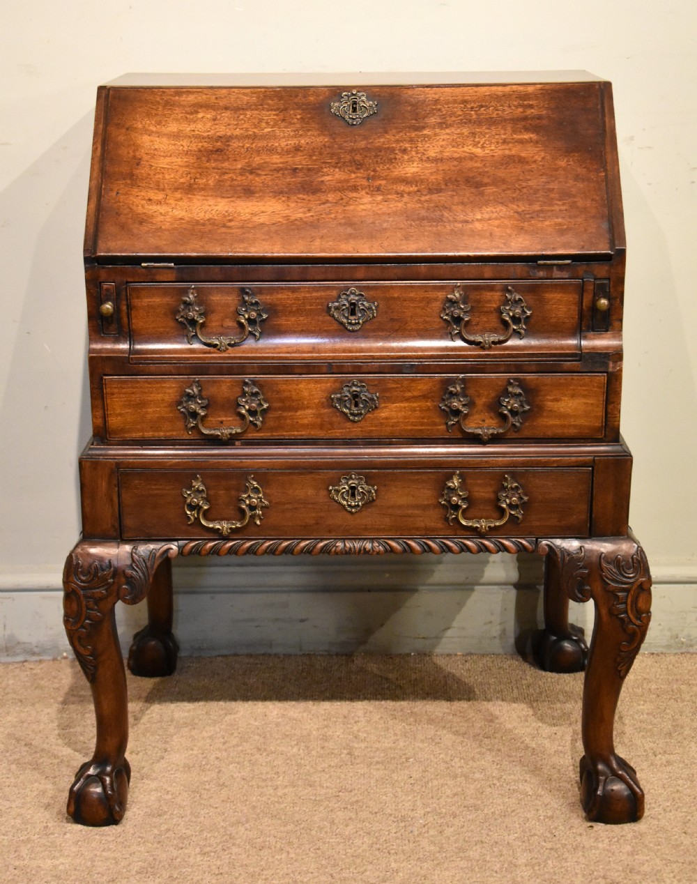 Diminutive George II Cuban Mahogany Bureau on stand