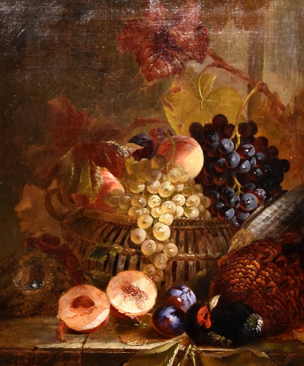 A 19th-century Victorian still life oil painting depicting grapes, peaches, plums, and game birds set within a gilded frame. View III