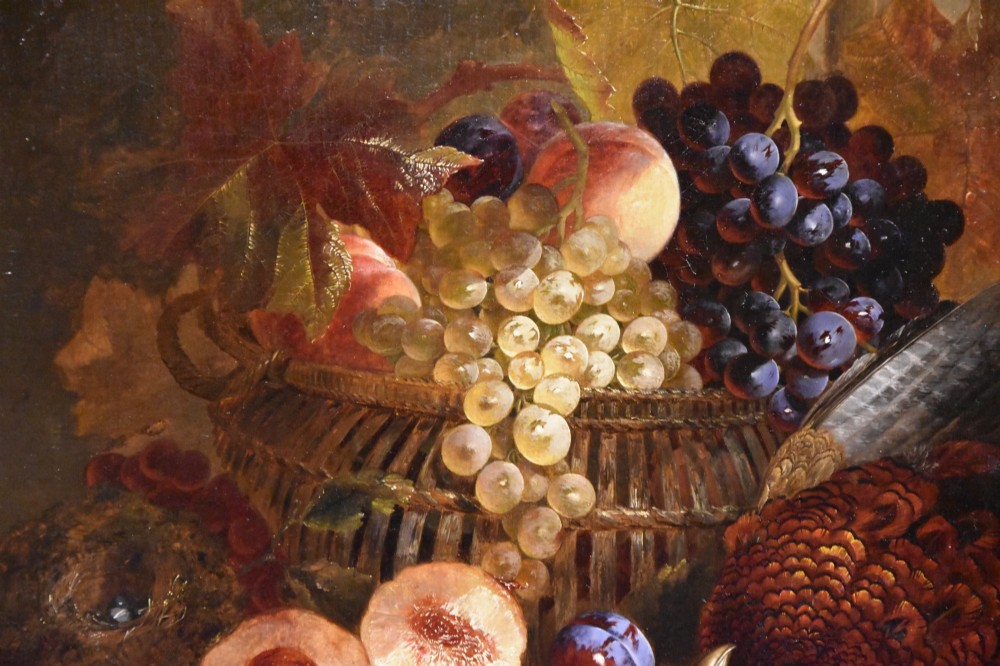 A 19th-century Victorian still life oil painting depicting grapes, peaches, plums, and game birds set within a gilded frame. View IV