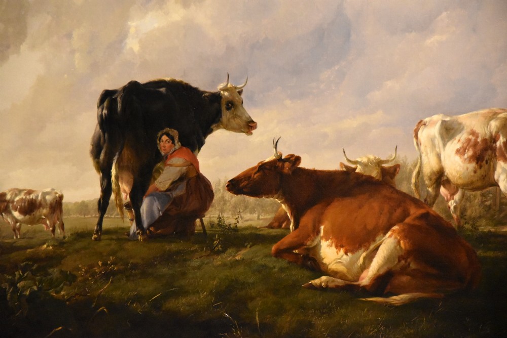A 19th-century Victorian pastoral oil painting featuring cattle and a milkmaid near a river in an intricate gilded frame. View III
