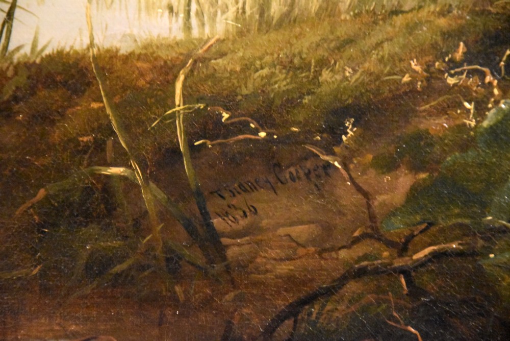 A 19th-century Victorian pastoral oil painting featuring cattle and a milkmaid near a river in an intricate gilded frame. View VI