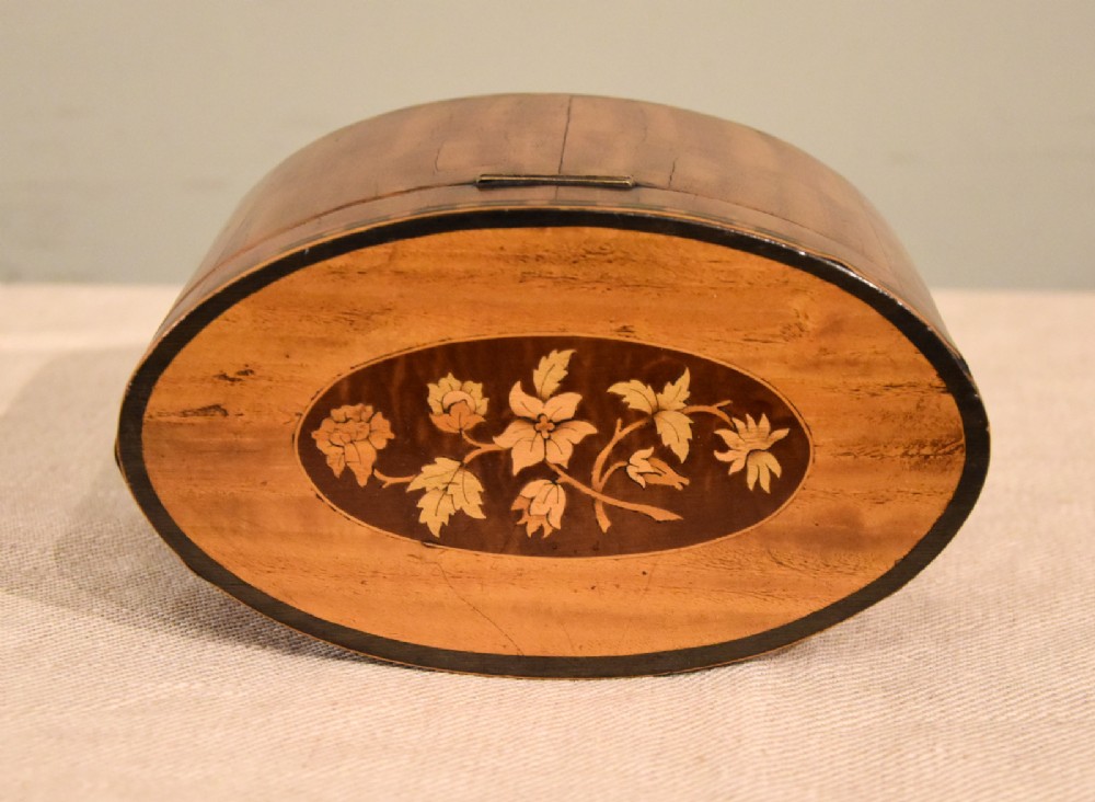 An 18th-century oval satinwood tea caddy featuring floral marquetry inlays, decorative stringing, and a bone keyhole escutcheon. View V