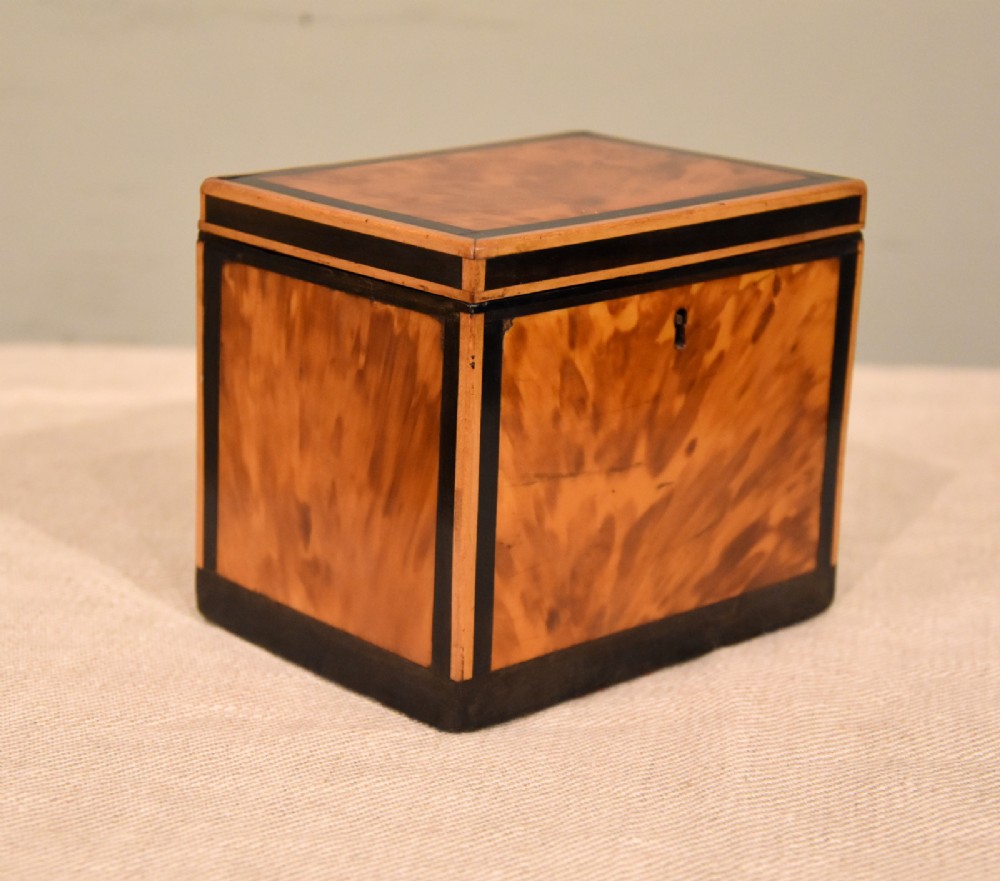 A rectangular Georgian tea caddy with blonde tortoiseshell veneer panels and ebonised border trim around a central keyhole. View II