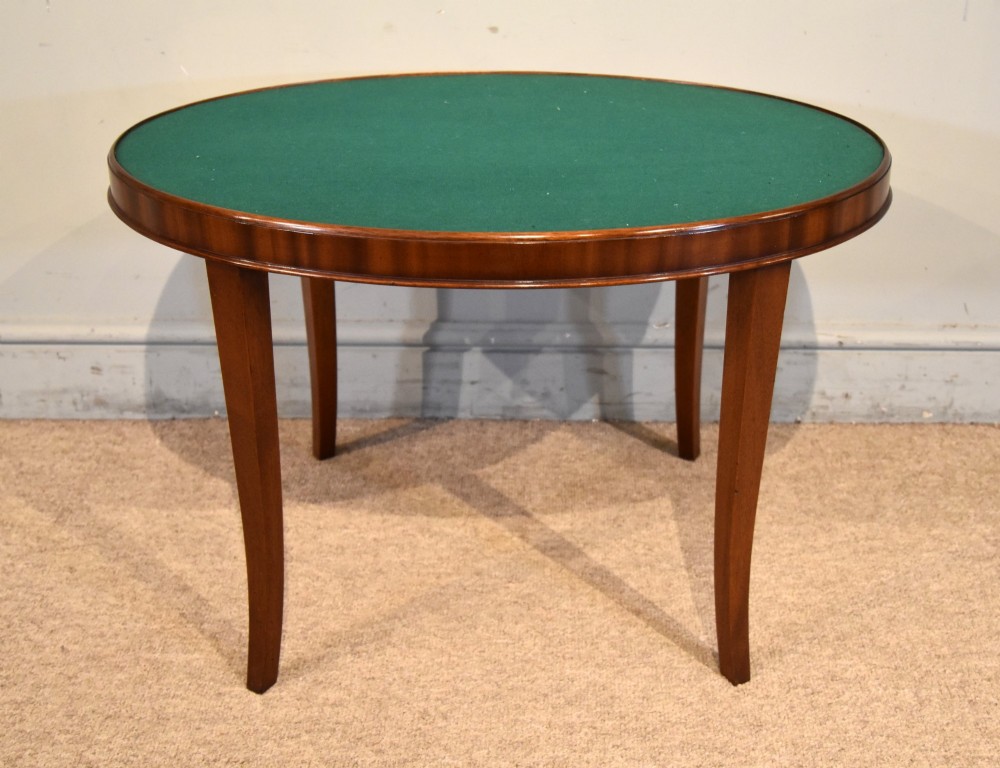 A late eighteenth-century oval mahogany tray table featuring a raised gallery edge, side cut-out handles, brass rim detailing, and tapered curved legs. View IV