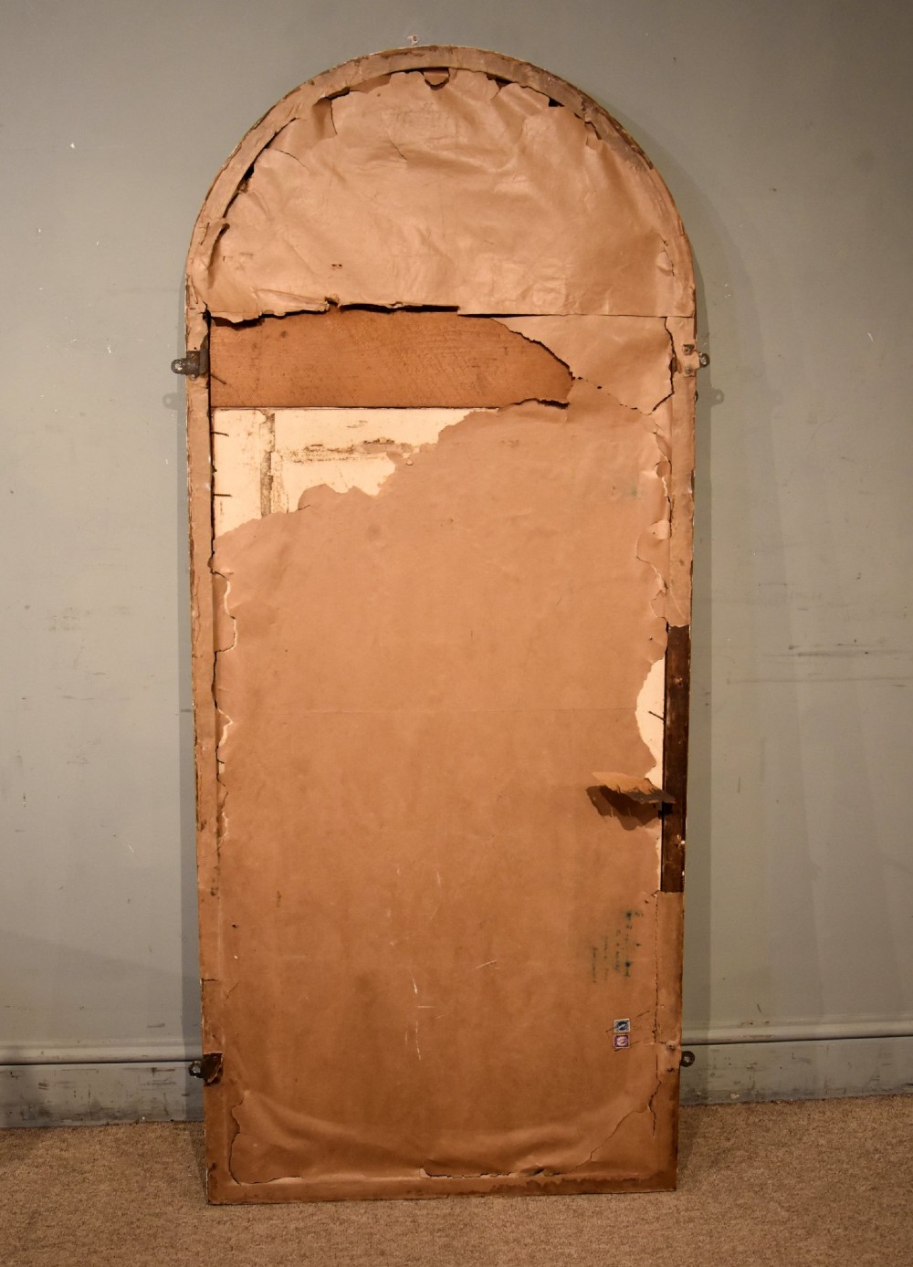 A tall 19th-century full-length mirror featuring an arched gold gilded frame with beaded and foliate moulding. View VI