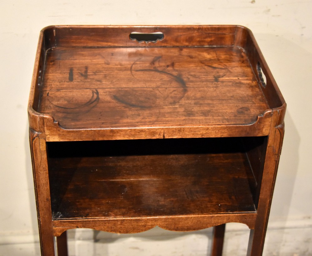 A George III mahogany pot cupboard featuring a gallery tray top with cut-out handles, an open storage shelf, and square straight legs. View III