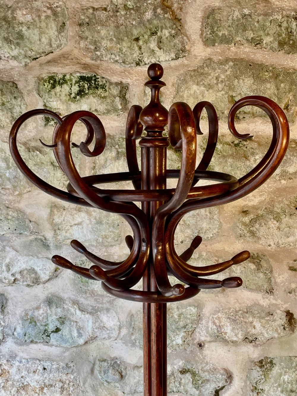 A dark brown bentwood hall stand featuring scrolled upper hooks for hats and coats, a central pole, and a curved lower frame for umbrellas. View VI