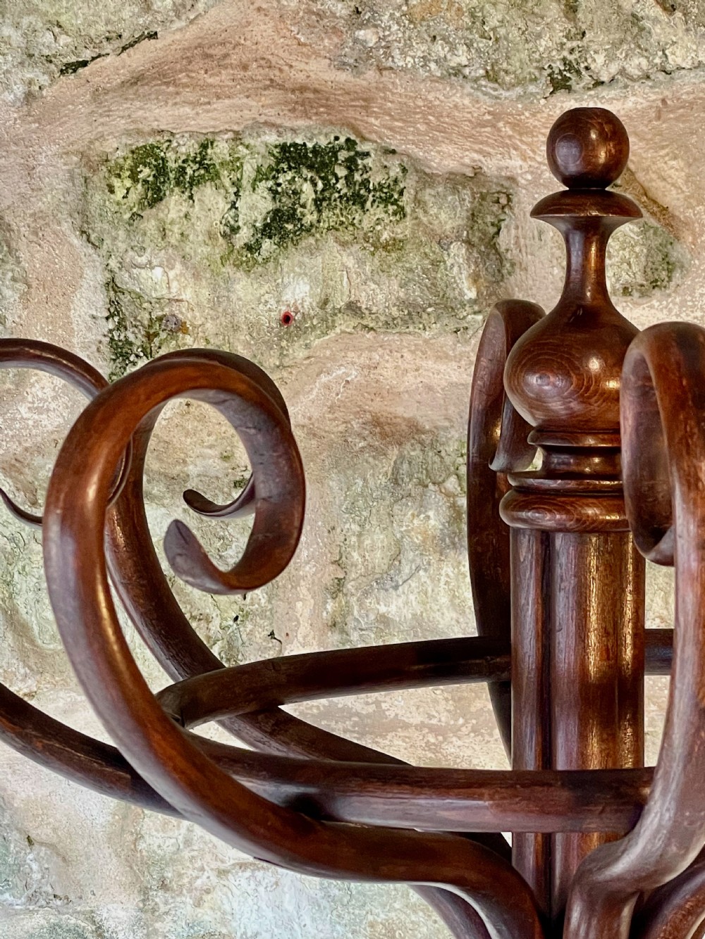 A dark brown bentwood hall stand featuring scrolled upper hooks for hats and coats, a central pole, and a curved lower frame for umbrellas. View VIII