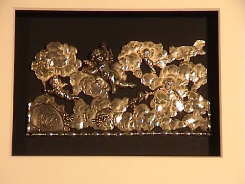 fig 1. Framed Antique 19th Century Solid Silver Panel Depicting Putti Amongst Clouds