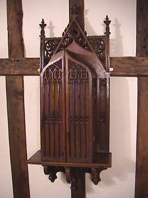 Amazing Arts & Crafts Gothic Oak Wall Cabinet C. 1880