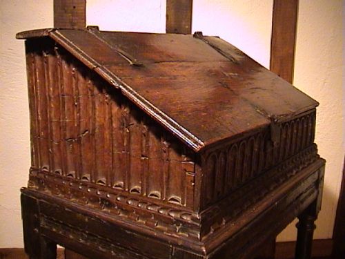 fig 1. James I Oak Nulled Carved Slope Front Bible Box on Stand c. 1615