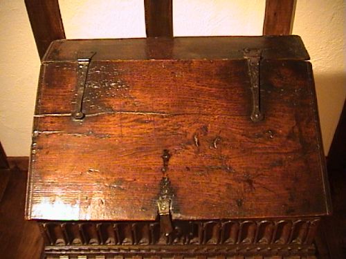 fig 2. James I Oak Nulled Carved Slope Front Bible Box on Stand c. 1615