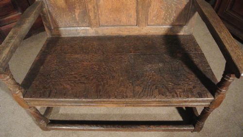 fig 2. Rare Early 17th Century Small Oak Settle with Carved Barley Spiral Twist Supports c. 1630