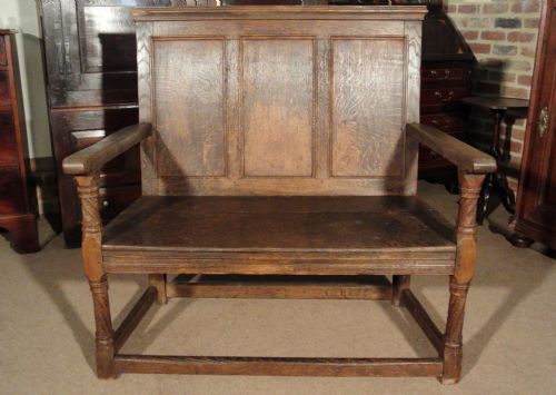 fig 1. Rare Early 17th Century Small Oak Settle with Carved Barley Spiral Twist Supports c. 1630