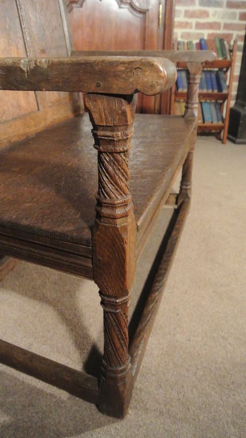 Rare Early 17th Century Small Oak Settle with Carved Barley Spiral Twist Supports C. 1630