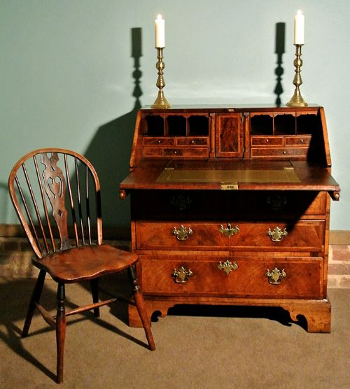 Fine George II Walnut Featherbanded Bureau with Original Brasses and Superb Colour