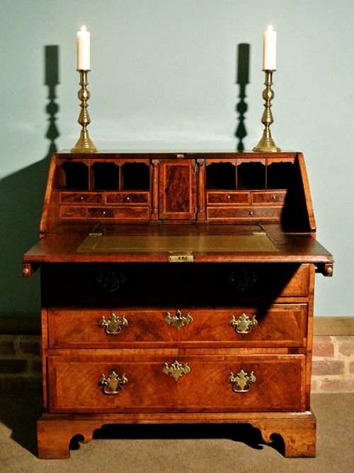 fig 1. Fine George II Walnut Featherbanded Bureau with Original Brasses and Superb Colour 
