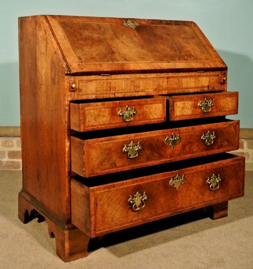 fig 2. Fine George II Walnut Featherbanded Bureau with Original Brasses and Superb Colour 