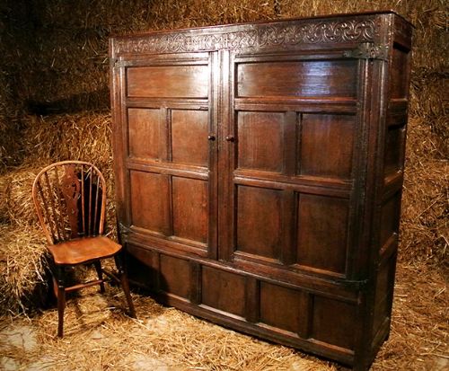 fig 1. Exceptional 17th Century English Oak Clothes Press or Wardrobe dated 1698