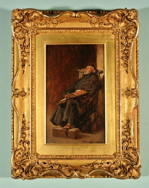 W D Almond Ri - Oil Painting on Board in Original Frame Dated 1888 - Sleeping Monk