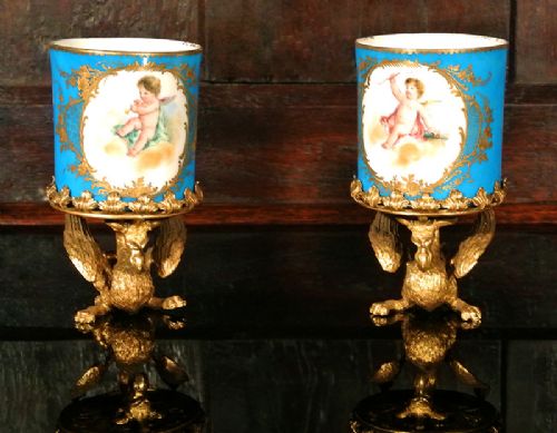 Beautiful "Sevres" Porcelain Goblets on Gilt Brass Griffin Stands