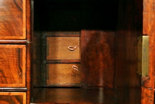 fig 1. George I Figured Walnut English Scriptor, Secret Drawers, circa 1720