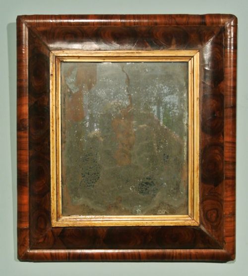 William and Mary Laburnum Oyster Veneer Cushion Mirror with Original Plate  C. 1690