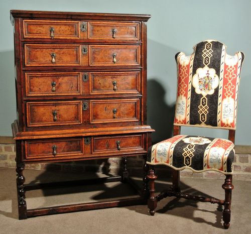 fig 1. Beautiful Queen Anne Burr Oak Chest on Stand c. 1700