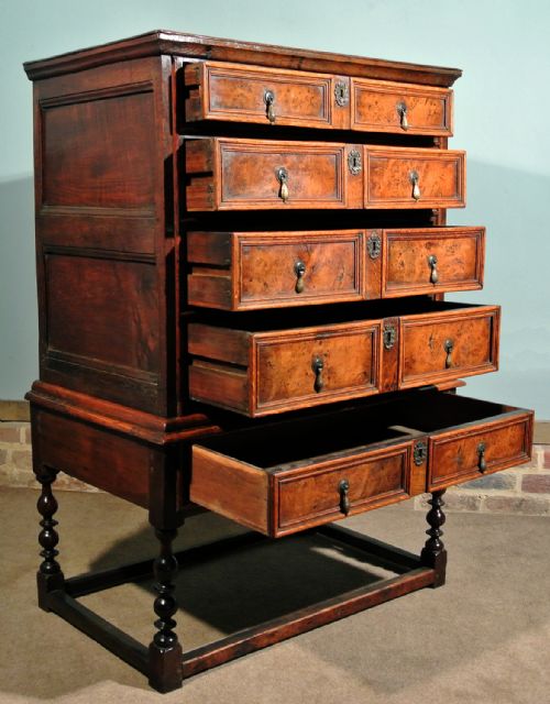 fig 2. Beautiful Queen Anne Burr Oak Chest on Stand c. 1700