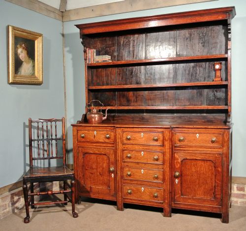 Handsome George III Oak Breakfront Dresser with Losenge Inlays C. 1800