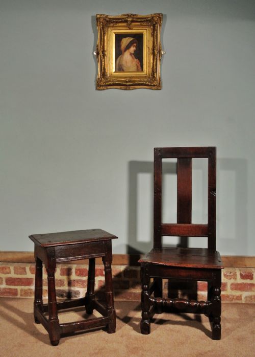fig 1. Cromwellian Oak Joint Stool with Maker's Stamped Initials c. 1650
