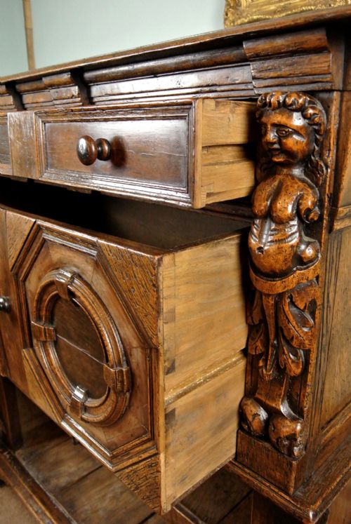 fig 3. Monumental Early Oak, Elm and Walnut Chest with Figural Carvings
