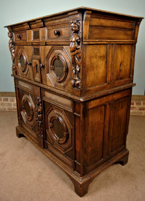 fig 4. Monumental Early Oak, Elm and Walnut Chest with Figural Carvings