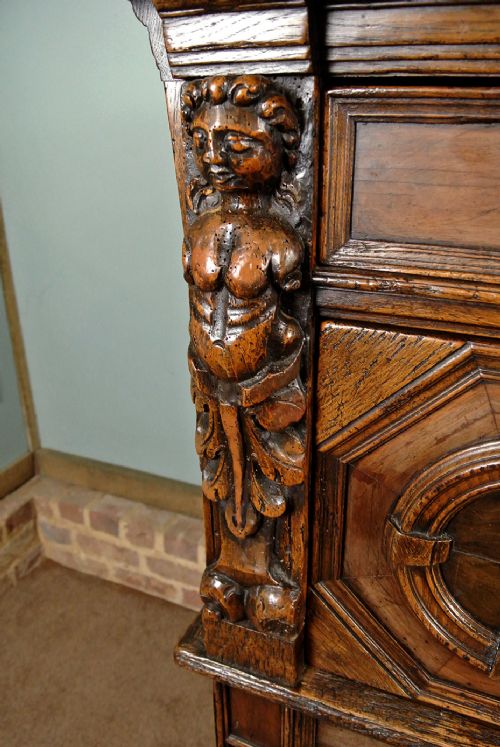 fig 5. Monumental Early Oak, Elm and Walnut Chest with Figural Carvings