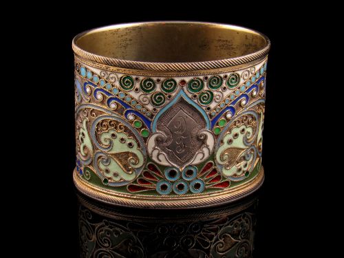 Russian Solid Silver Gilt & Cloisonne Oval Pot in the Manner of Faberge C. 1895