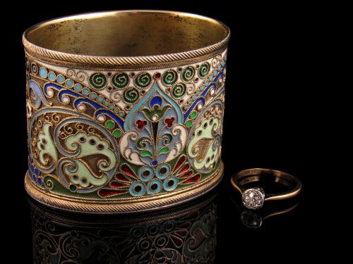 fig 2. Russian Solid Silver Gilt & Cloisonne Oval Pot in the Manner of Faberge c. 1895