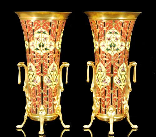 Pair Champleve Napoleon III Vases - Sevin/barbedienne C. 1870