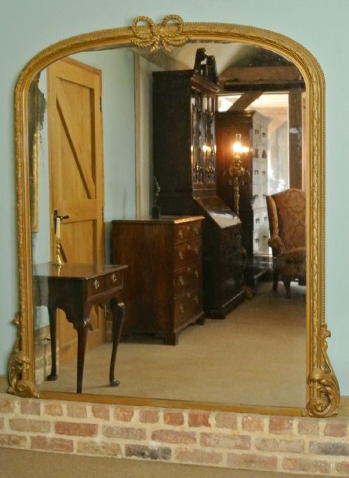 Very Large 5ft Wide Victorian Giltwood Arched Mirror with Original Plate C.1860
