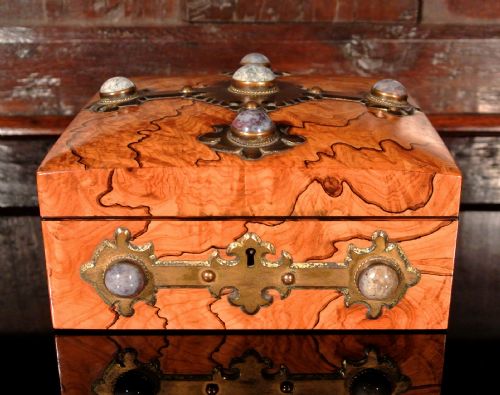 Arts & Crafts Olive Wood Cigar Box Set with Lepidolite Cabochons by Scottish Maker