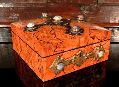 fig 1. Arts & Crafts Olive Wood Cigar Box set with Lepidolite Cabochons by Scottish Maker