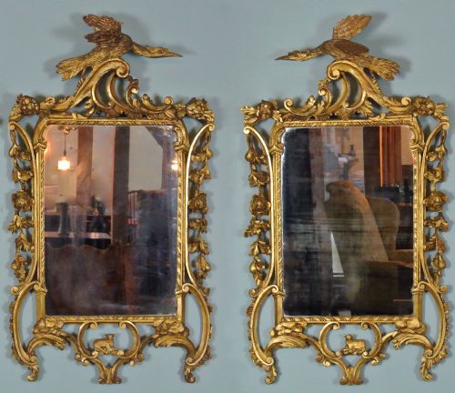 Pair of Rare and Fine 18th Century Giltwood Mirrors with Ho-ho Bird Crests C. 1770