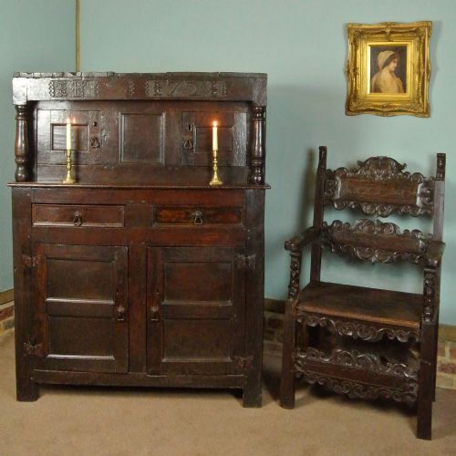 fig 1. Exceptional and Original George I Oak Court Cupboard - Initialled and Dated 1721