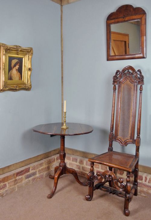 fig 1. William and Mary Walnut Cushion Framed Mirror with Original Burr Walnut Cresting c. 1690
